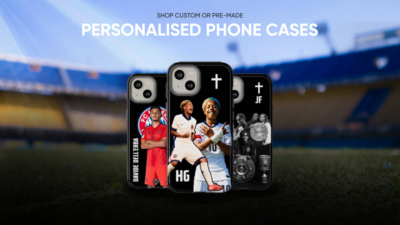 Custom phone cases designed for Garang Kuol, Heze Grimwade, and Kayden Sessegnon, featuring unique football-themed artwork. Showcase of premium-quality, personalized designs created for professional footballers, perfect for fans and gifts